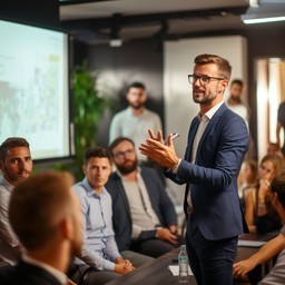 Financing specialist presenting options to a room of business owners