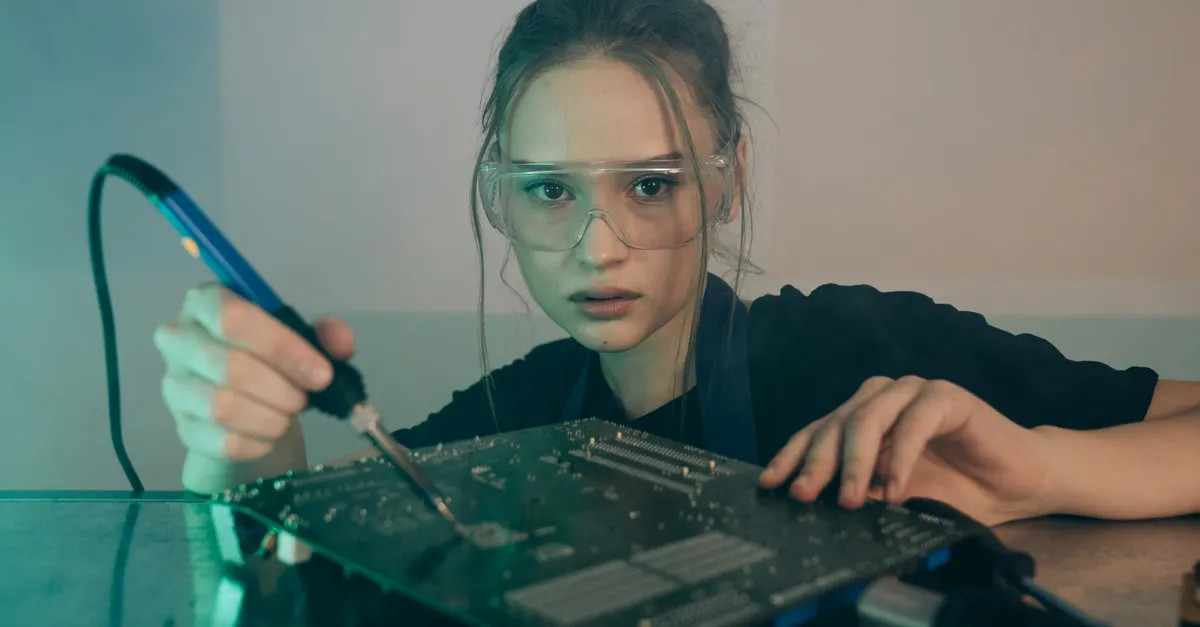 Electronics engineer evaluating a circuit board in a test lab